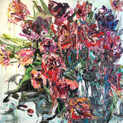 CHRISSY ANGLIKER - Tulips on Grunge I, painting, still life, flowers, abstract