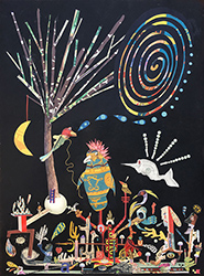 LOU BEACH - Lucky Bird in a Magic Town (Tempest in a Tree Top), collage, satire, narrative