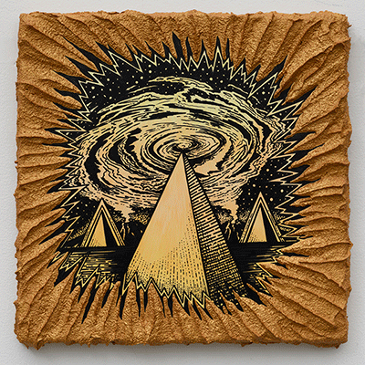 Kelly Berg, Pyramid Vortex, 2023, acrylic and ink on clayboard, 12 x 12 in - $2,200