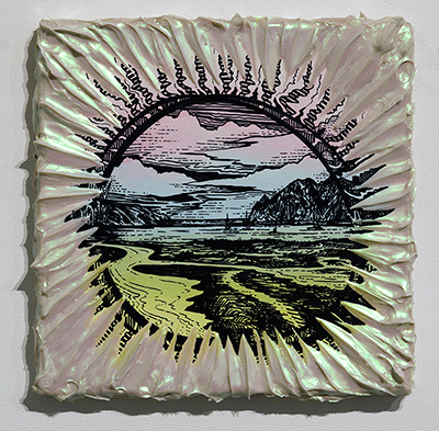 Kelly Berg, Two Harbors, 2023, acrylic and ink on clayboard, 12 x 12 in - $2,200