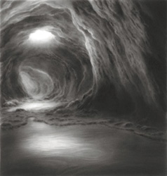 HILARY BRACE - charcoal drawing, landscape, clouds, cave