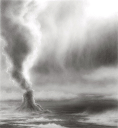 HILARY BRACE - charcoal drawing, landscape, clouds, volcano