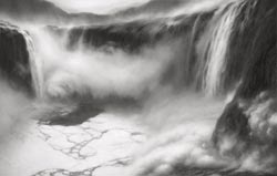 HILARY BRACE - charcoal drawing, landscape, waterfall, clouds