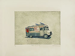 JAVIER CARILLO - Javier's Taco Truck, hand colored dry point etching, los angeles, miniature, loteria
