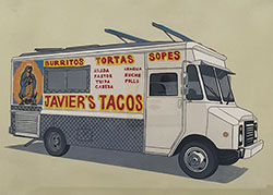 JAVIER CARILLO - Javier's Taco Truck, reduction linoleum print, los angeles, taco stand, loteria