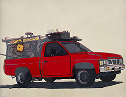 JAVIER CARILLO - Jos Carrillo, La Camioneta del Jardinero, reduction linoleum print, los angeles, pick-up truck, loteria