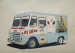 JAVIER CARILLO - La Troca de Helados, reduction linoleum print, los angeles, ice cream truck, loteria