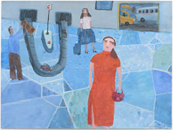 ANN CHAMBERLIN - Arrivals, figurative, painting, gouache, airport, interior