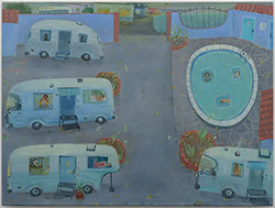 ANN CHAMBERLIN - RV Park by the Sea, painting, oil on canvas, exterior scene, aerial view, figurative