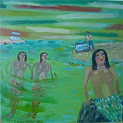 ANN CHAMBERLIN - Hungry mermaids, figurative, oil paint, seascape, swimming, dark water