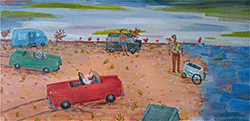 ANN CHAMBERLIN - Men Look Ahead, figurative, painting, gouache, cars, beach