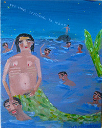 ANN CHAMBERLIN - We Have Nothing to Wear, figurative, narrative, gouche, painting, mermaids, seascape