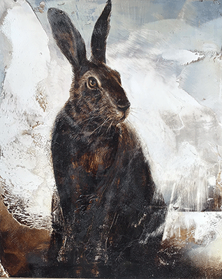 James Griffith, Elegy #2: Oryctolagus cuniculus, 2020, tar and white oil on panel, 24 x 18 inches - $2,800