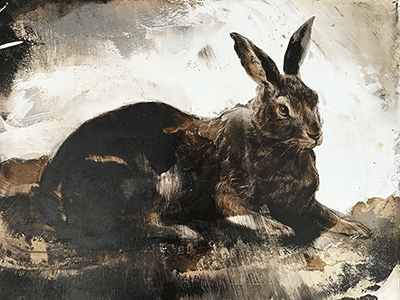 James Griffith, Elegy #3: Lepus europaeus, 2020, tar and white oil on panel, 18 x 24 inches - $2,800