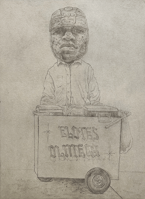 Javier Carrillo, Elotes Olmeca, 2021, graphite ink on BFK rives,
paper: 15 x 11 in. image 8 x 6 in - $200