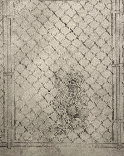 Javier Carrillo, Prisioneros de su propia Tierra, 2021, graphite ink on BFK rives, paper: 15 x 11 in. image 6.875 x 4.75 in - $200
