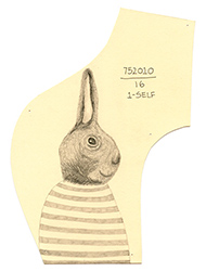 Ayin ES - One-eared Bunny, drawing on hand-cut manila garment pattern, conceptual, figurative