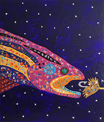 JOE FAY - Firehold River Rainbow, fish, hook, stars, painting, abstract, colorful