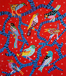 JOE FAY - Sanctuary, birds, red, painting, abstract, colorful