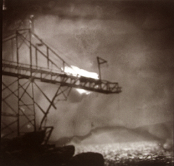 JAMES FEE - Scaffolding, San Felipe, Baja, Mexico, black and white with sepia color, construction over ocean, abstracted