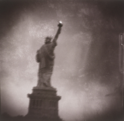 JAMES FEE - True Meaning, New York City, NY, black and white with sepia color, Statue of Liberty, facing away