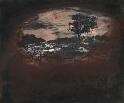 JAMES FEE - Westward Vignette, Highway 192, sepia color, dark, light central circle, abstract landscape, tree in distance, fence