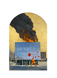 ROBERT GINDER - Kunstmuseum Stuggart on Fire, museum, fire, gold leaf, realism