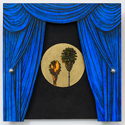 ROBERT GINDER - Blue Curtain, painting, three-dimensional, construction, gold leaf, palm tree, fire