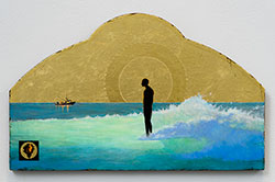 ROBERT GINDER - Seascape with Figure, painting, ocean, standing, sillhouette, gold leaf, realism