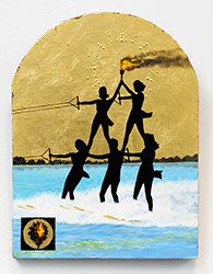 ROBERT GINDER - The Torch of Knowledge and Humor, painting, ocean, water skiing, sillhouettes, gold leaf, realism