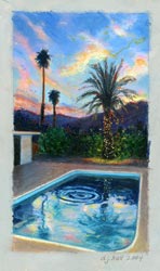 D.J. HALL - Summer Dusk, pastel, drawing, pool, palm tree, California