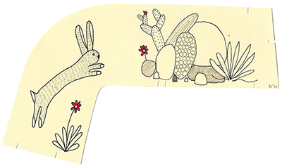 Ayin Es, Bunny Jump, 2020,  pen and pencil on hand-cut manila garment pattern, approx. 5 x 8 in - $300