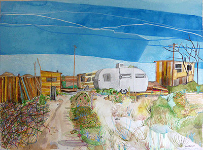 Ayin Es, Off the Grid, 2017, watercolor on Arches board, 22.5 x 30 in - $3,400 (framed)