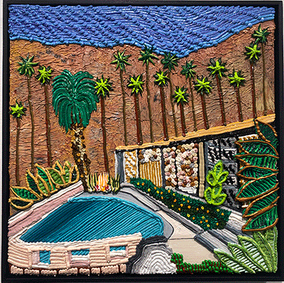 Caroline Larsen, The Frey House II in Palm Springs is perched on the side of Jan Jacinto Mountain, 2020, oil on canvas, 20 x 20 in - $3,500