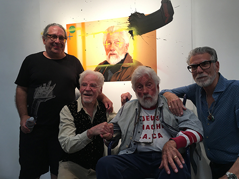 Alan Shaffer, Don Bachardy, Ed Moses, and Firooz Zahedi at the opening for Firooz Zahedi's, "This Is Now", Alan Shaffer with Ed Moses', "Cross Pollination", and Don Bachardy's, "A Single Man", 2016