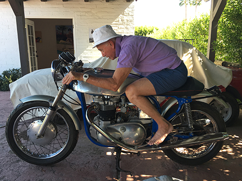 Billy Al Bengsten on one of Mark Bautzer's vintage bikes at Small House, Craig Krull Gallery's Pop-Up Show in Palm Springs, 2016