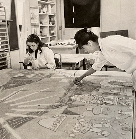 Elsa Rady and Dora De Larios working on the ceramic tile mural that Walt Disney gave to the Jules Stein Eye Institute at UCLA in 1966