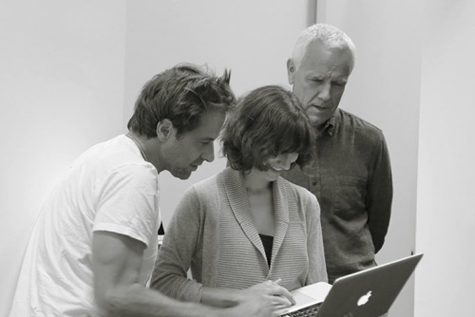 Michael Deyermond, Beth Parker, and Craig Krull, picking out lawn chairs for Deyermond's exhibition, photo by EMS at thuvanarts.com, 2015