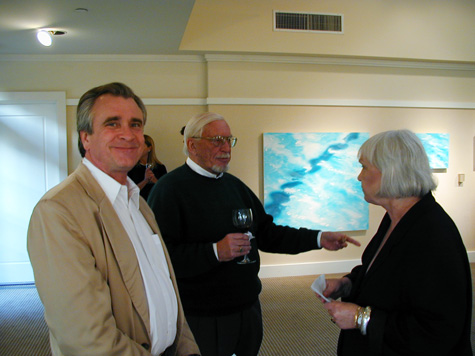 Frank Lloyd with Henry Hopkins and Patricia Faure at Peter Alexander's installation at Miramar Hotel