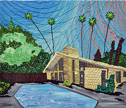 CAROLINE LARSEN - Backyard Pool, oil painting, house, bungalow, succulents, California, Palm Springs