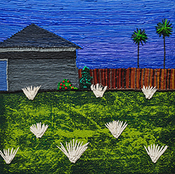 CAROLINE LARSEN - Swim Time, oil painting, house, bungalow, succulents, California, Palm Springs