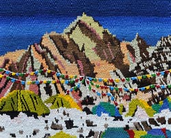 CAROLINE LARSEN - Base Camp with Flags, painting, weaving, mountain