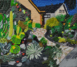 CAROLINE LARSEN - Cactus House, oil painting, house, bungalow, succulents, California