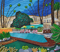 CAROLINE LARSEN - Adult Swim, oil painting, house, bungalow, pool, succulents, California