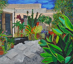 CAROLINE LARSEN - Electric Street, oil painting, house, bungalow, succulents, California