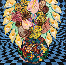 CAROLINE LARSEN - Still Life with Shells, oil painting, floral, checkerboard, trippy, mystical