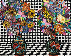 CAROLINE LARSEN - Double Fish Vase, oil painting, floral, checkerboard, trippy, mystical