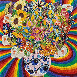 CAROLINE LARSEN - Flowers with Eye Vase with Rainbow, oil painting, floral, checkerboard, trippy, mystical