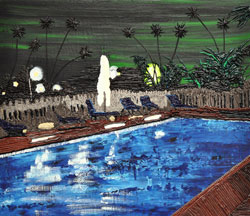 CAROLINE LARSEN - Night Swimmers, oil painting, house, bungalow, succulents, pool, California