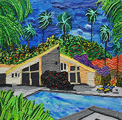 CAROLINE LARSEN - Pool Life, oil painting, house, bungalow, succulents, California, Palm Springs